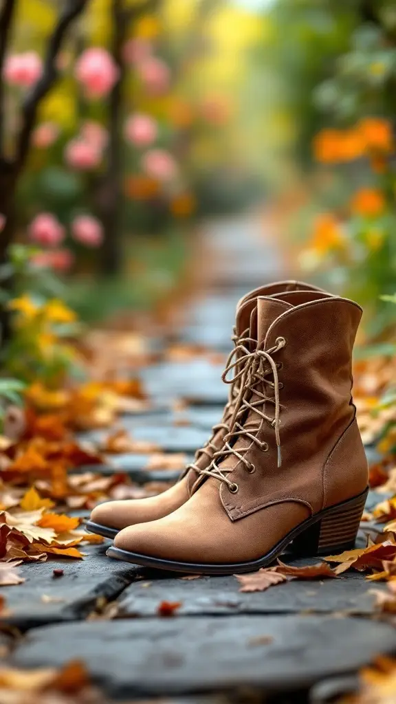 A pair of chic ankle boots on a stone path surrounded by colorful autumn leaves.