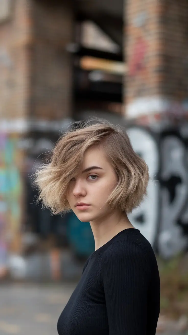 A person with short, asymmetrical wavy hair, showcasing a casual yet chic hairstyle