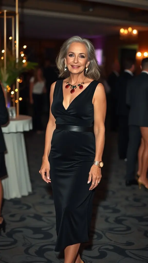 A woman in a chic black midi dress paired with statement jewelry, exuding elegance at an evening event.