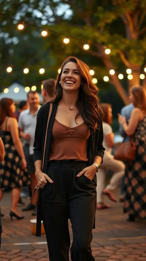 A woman in a chic outfit smiling at an outdoor event with string lights in the background