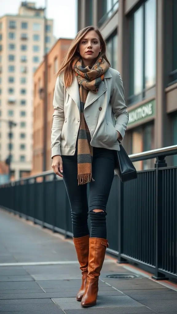 A woman wearing a beige trench coat, black skinny jeans, a patterned scarf, and brown knee-high boots walking in an urban setting.