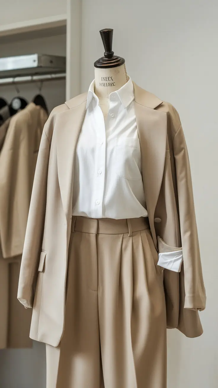 A tailored beige blazer, crisp white shirt, and high-waisted trousers displayed on a mannequin, showcasing a chic minimalist outfit.