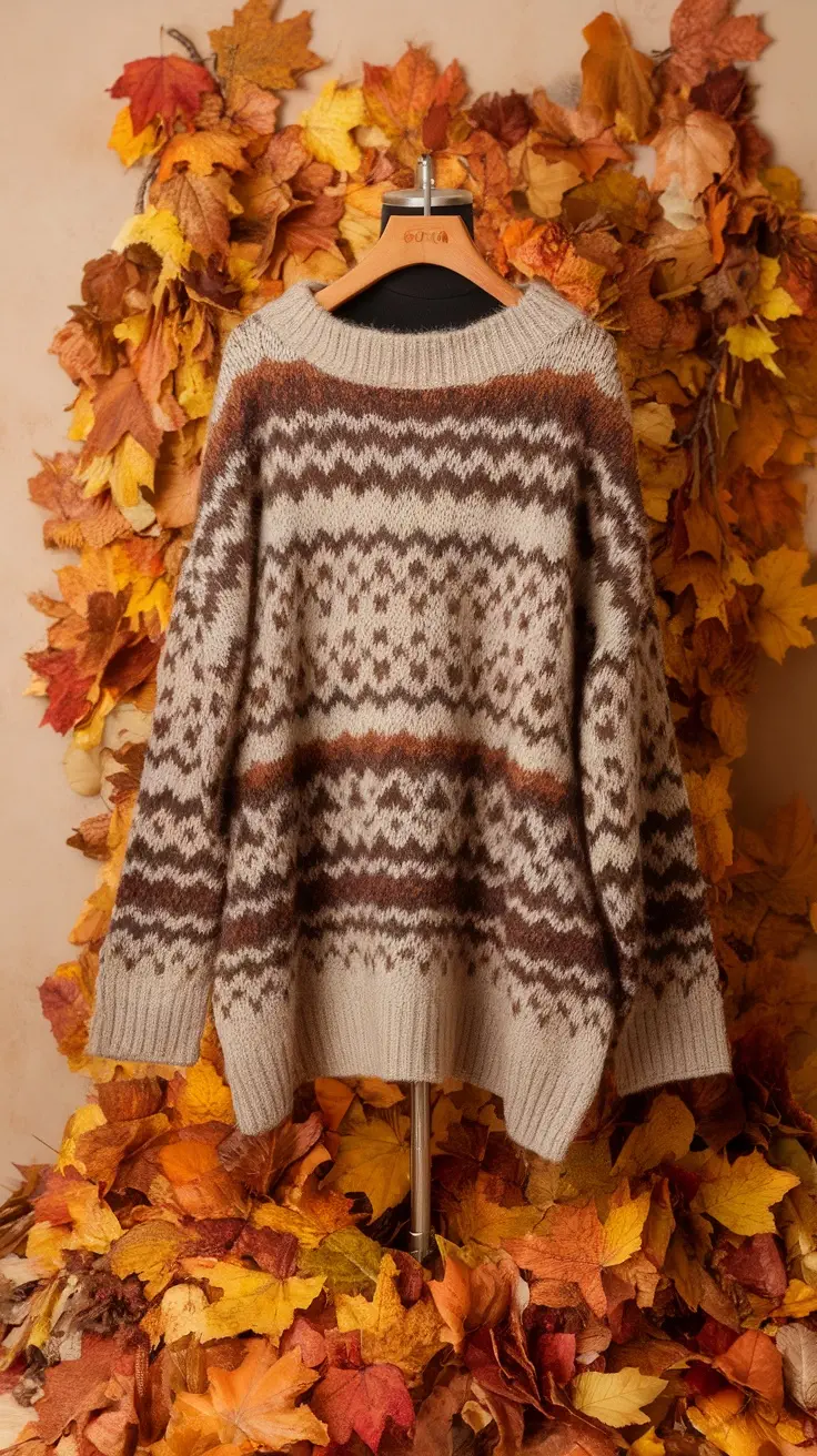 Chic oversized sweater displayed on a hanger, surrounded by autumn leaves.