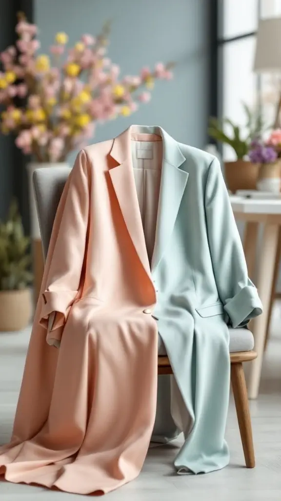 A pastel pink blazer displayed elegantly on a chair, with a soft and inviting background.