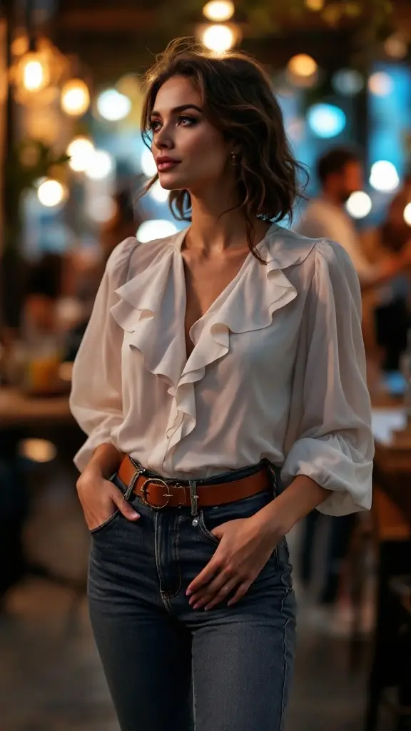 A woman smiling in a chic ruffled blouse and slim fit jeans, standing in a cozy restaurant setting.