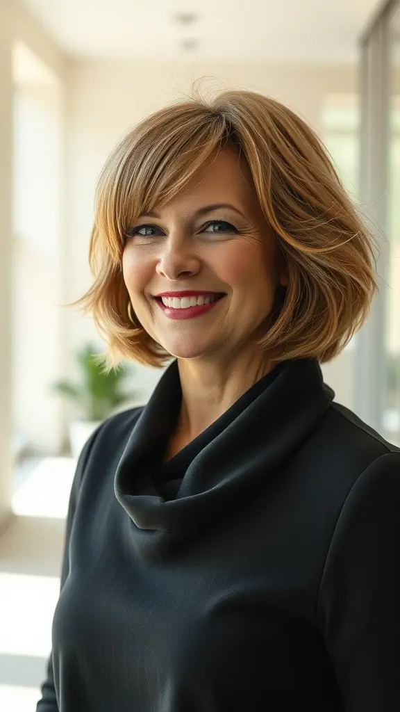 A woman with a chic short bob hairstyle with soft layers, smiling in a modern setting.