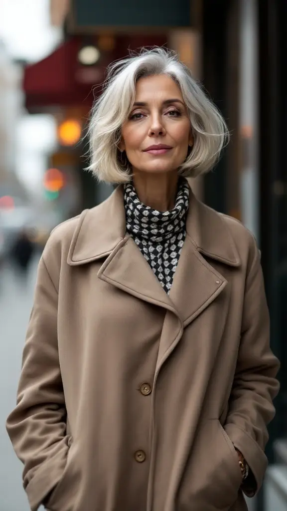 A woman over 50 with a chic textured bob hairstyle, wearing a stylish coat and a patterned scarf.