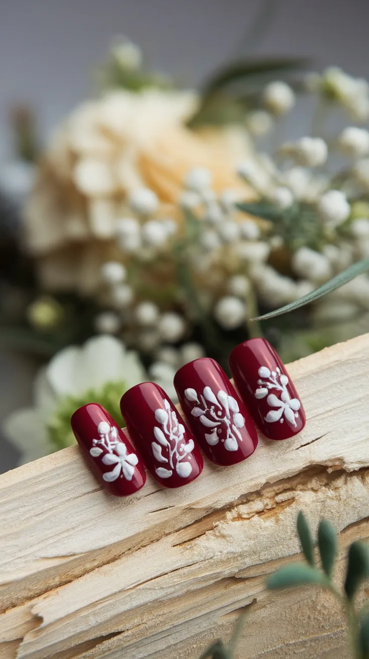 Wine red nails with white floral designs on a wooden surface