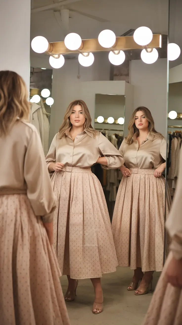 A model wearing a mid-length skirt and a silky top, admiring herself in the mirror.