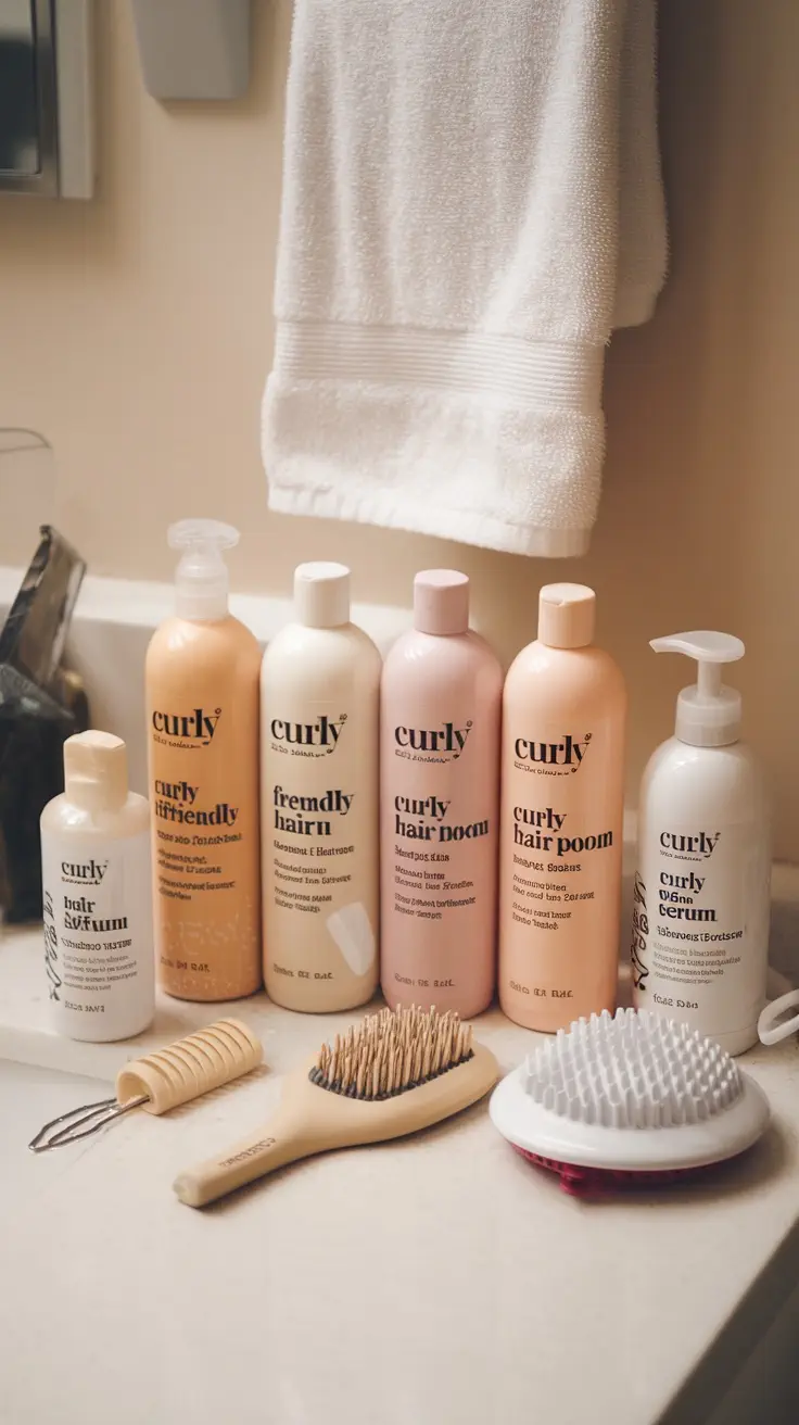 A collection of curly hair care products displayed on a bathroom counter, including shampoos and conditioners.