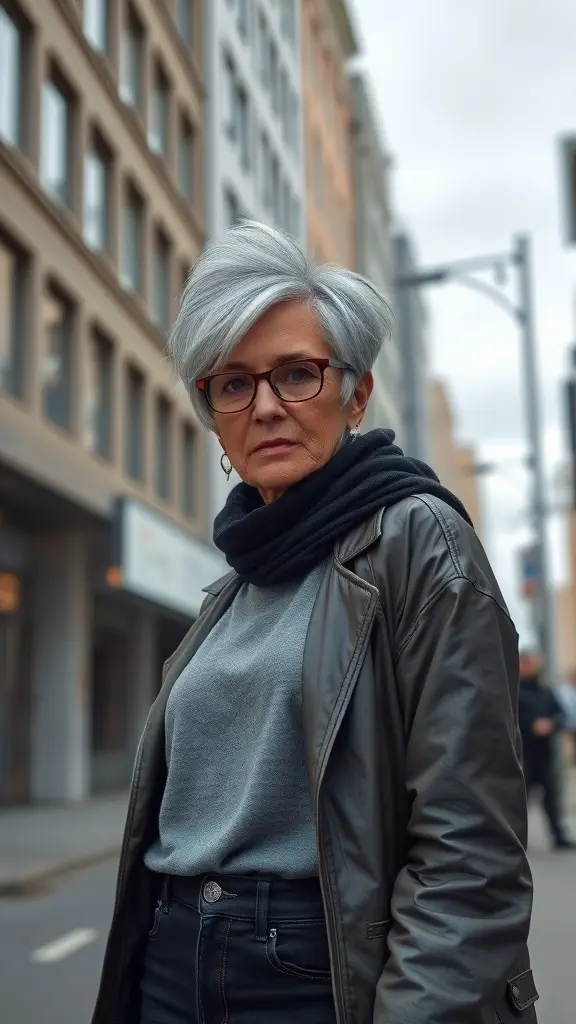 A woman with a choppy layered haircut, showcasing a stylish and edgy look.