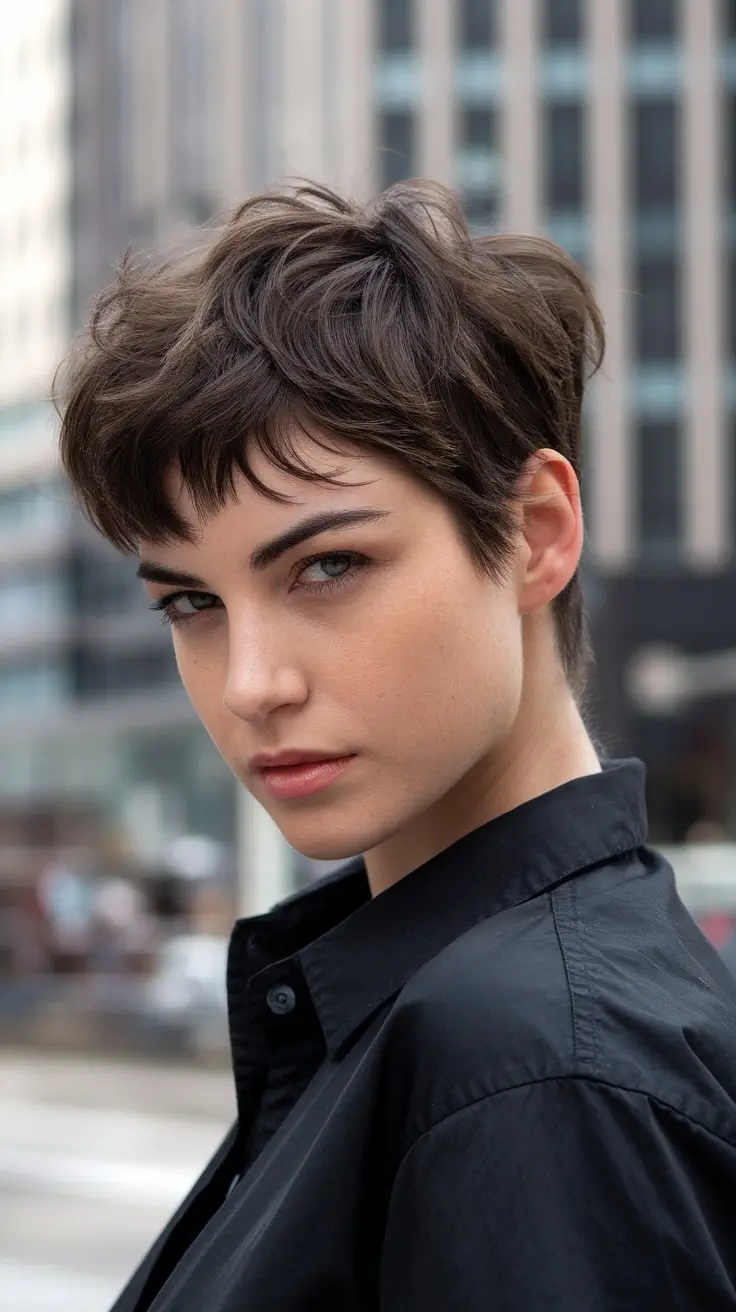 A model with a choppy pixie cut, showcasing thick wavy hair in an urban setting.
