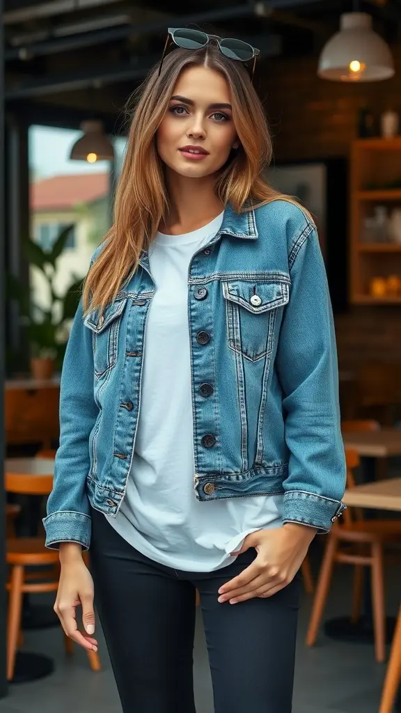 A woman in a denim jacket over a white t-shirt, standing confidently with a casual style.