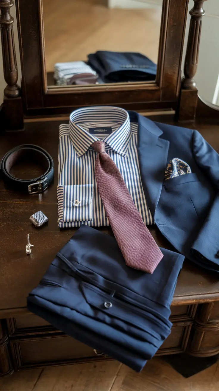 A well-arranged outfit featuring a navy suit, striped shirt, maroon tie, and accessories on a wooden surface.