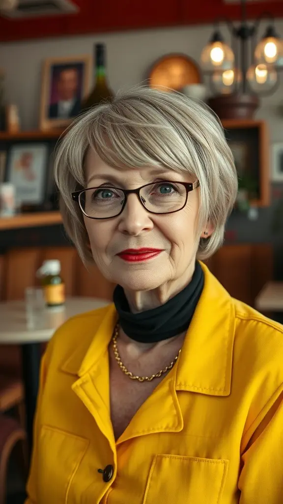 A stylish older woman with a classic shag haircut and modern flair, wearing glasses and a yellow jacket.