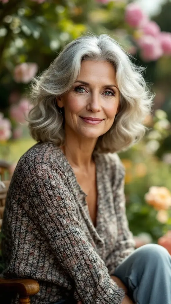 Woman with shoulder-length curls sitting in a garden, smiling softly.