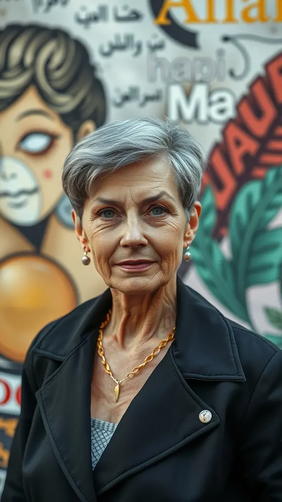 Woman with a classic tapered haircut, showcasing a modern twist and stylish accessories.