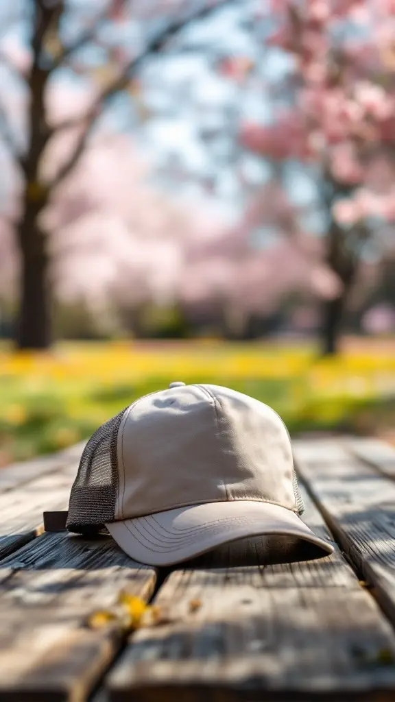 A neutral trucker hat on a wooden table with spring flowers in the background.
