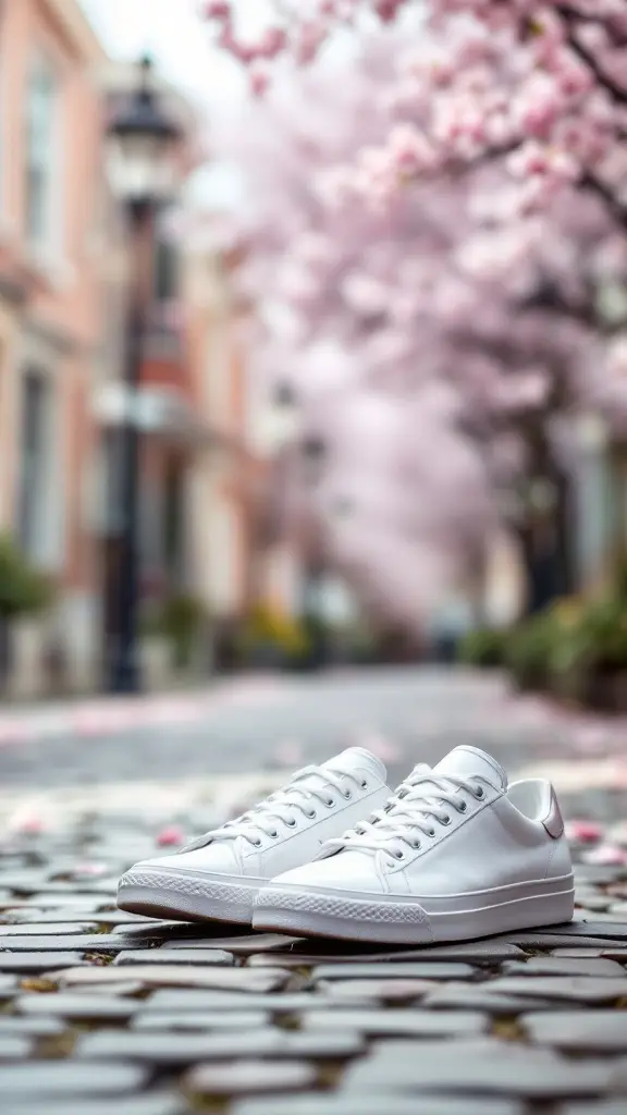 A pair of classic white sneakers on a cobblestone path surrounded by blooming pink trees