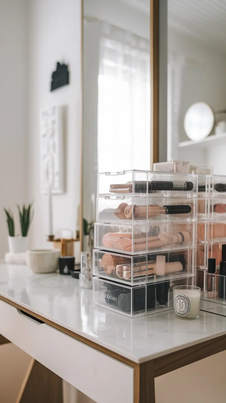 A tidy vanity with clear acrylic storage boxes holding various makeup products.