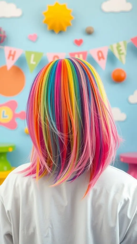 A colorful long bob hairstyle featuring bright rainbow hues.