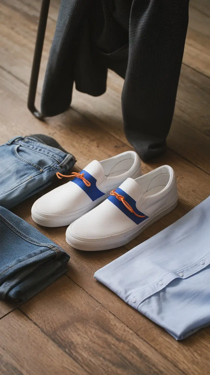 A pair of white slip-on sneakers with blue and orange accents, placed next to folded jeans and a light blue shirt.
