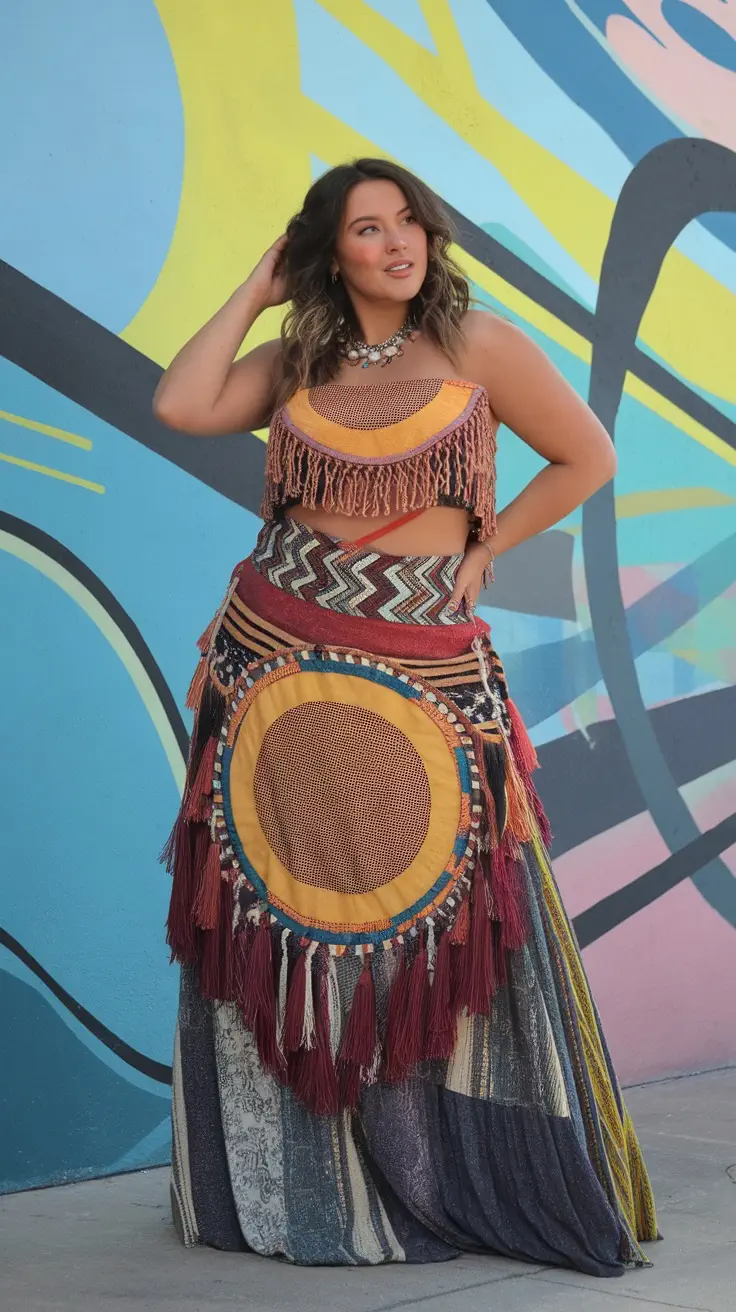A plus-size woman wearing a colorful skirt outfit, standing against a vibrant mural background, exuding confidence.