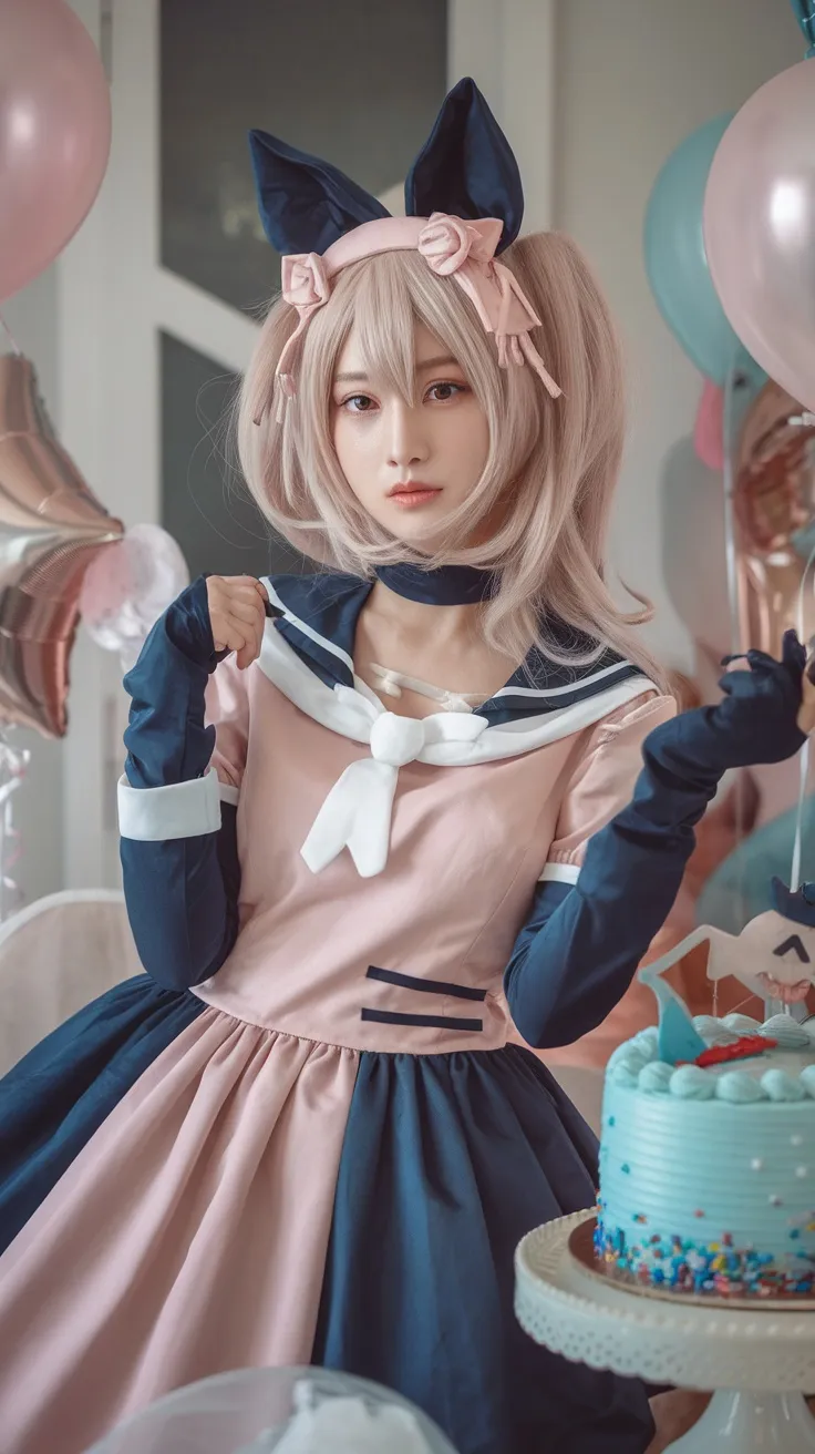 A person wearing a cosplay-inspired sailor-style dress with cat ears, sitting near a colorful cake and balloons.