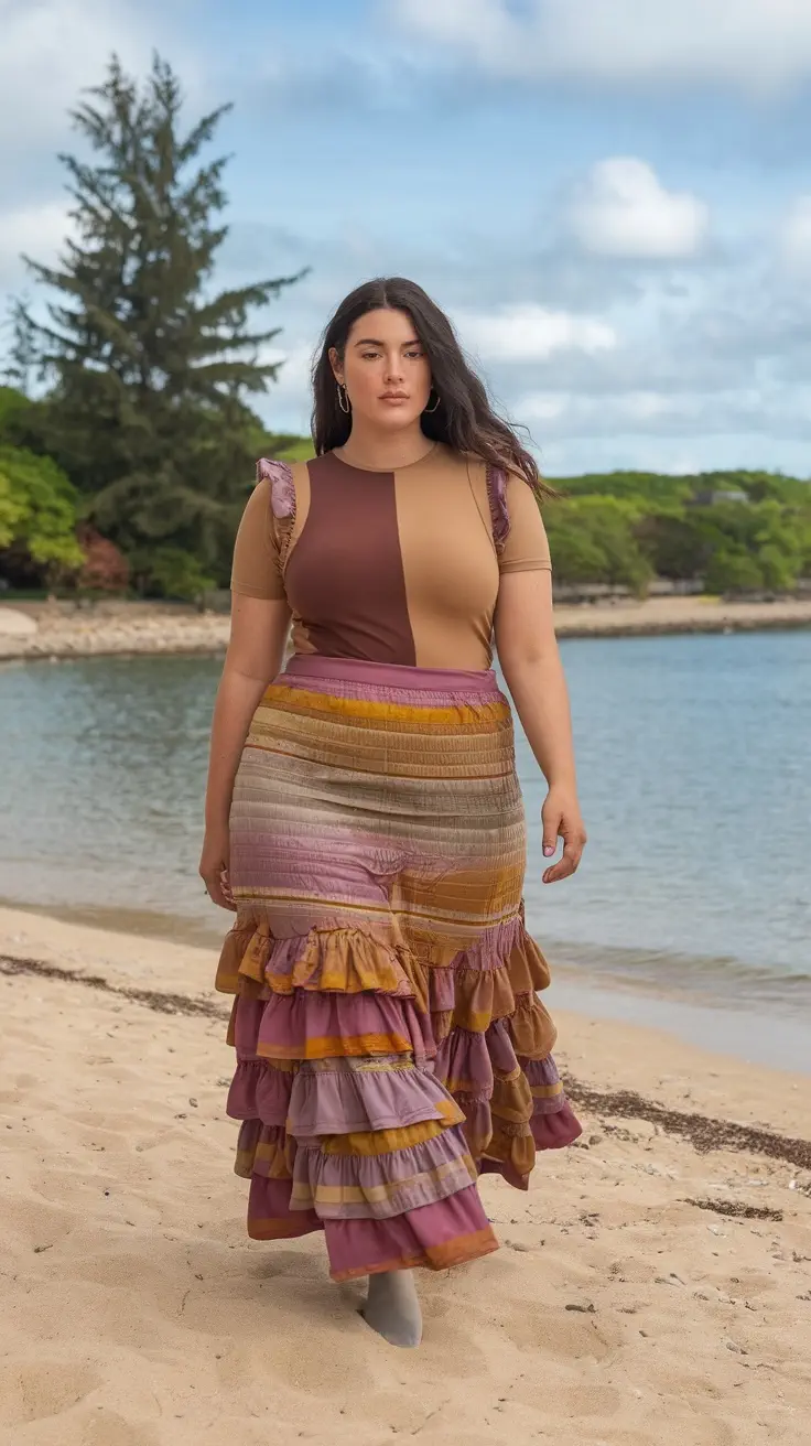 A woman walking along the beach wearing a layered ruffled skirt and a fitted top, showcasing a stylish outfit for plus size and curvy women.