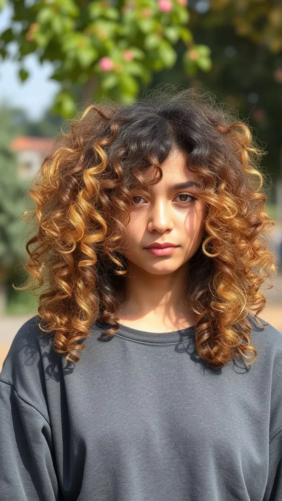 A woman with curly long bob hairstyle featuring highlights, standing outdoors.