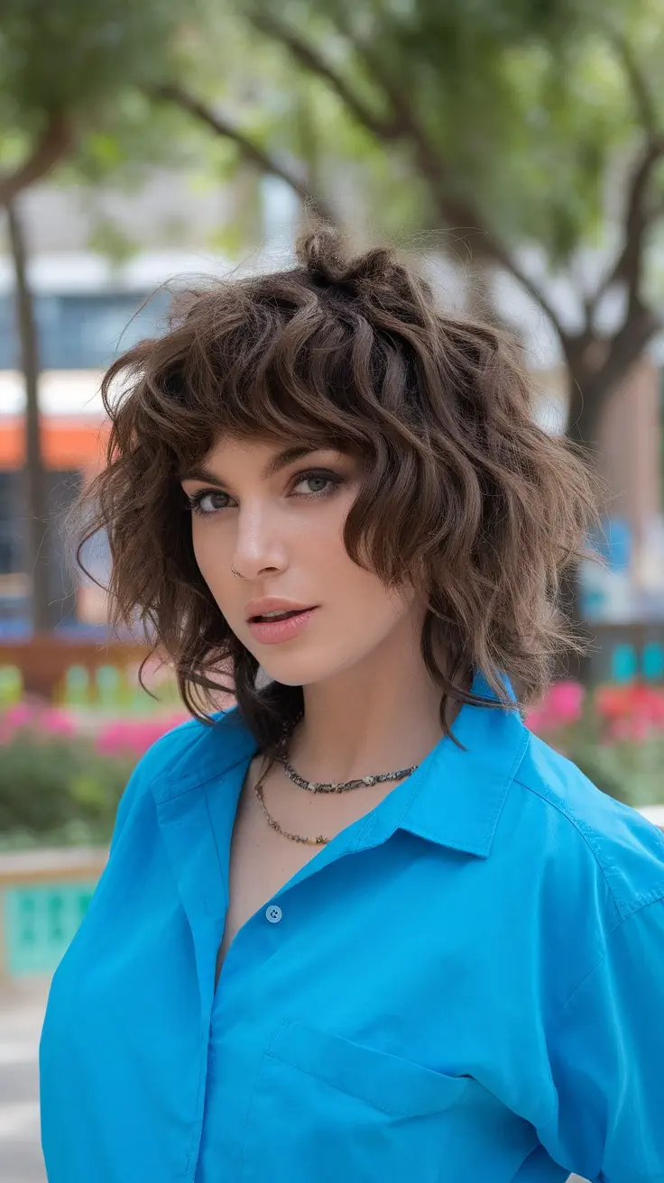 A woman with a curly shag haircut, wearing a blue shirt, standing outdoors with greenery in the background