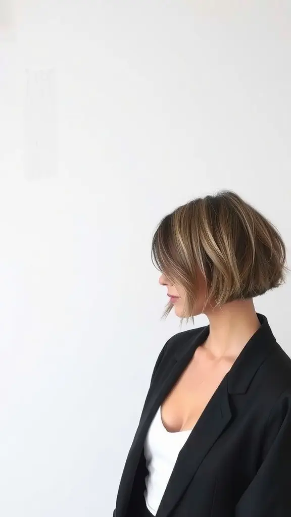A woman showing a disconnected long bob hairstyle with layered waves.