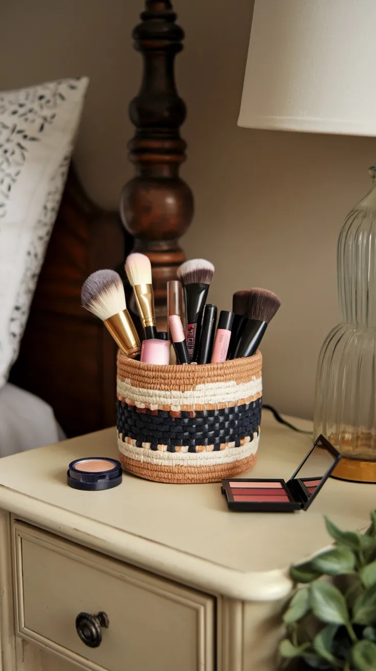 A stylish DIY makeup caddy made from a woven basket, filled with makeup brushes and other beauty products, placed on a bedside table.