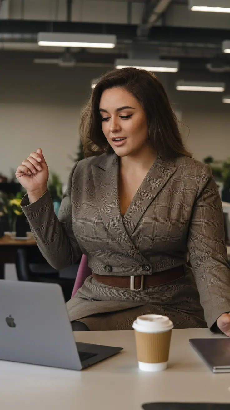 A woman in a tailored blazer and skirt, sitting at a desk with a laptop and coffee cup.