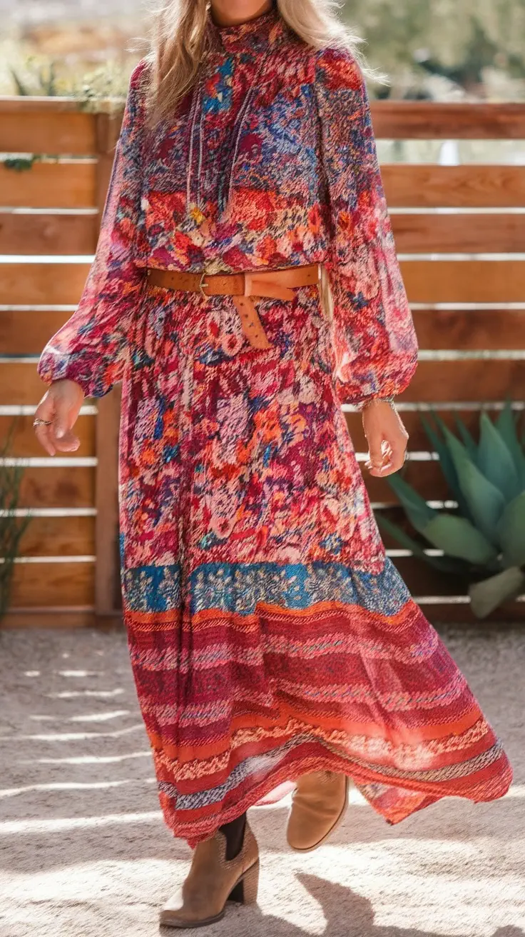 A woman wearing a colorful bohemian dress with a belt, standing outdoors