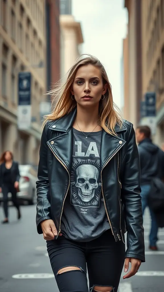 A woman walking confidently in a street, wearing a black leather jacket, graphic tee, and distressed jeans.