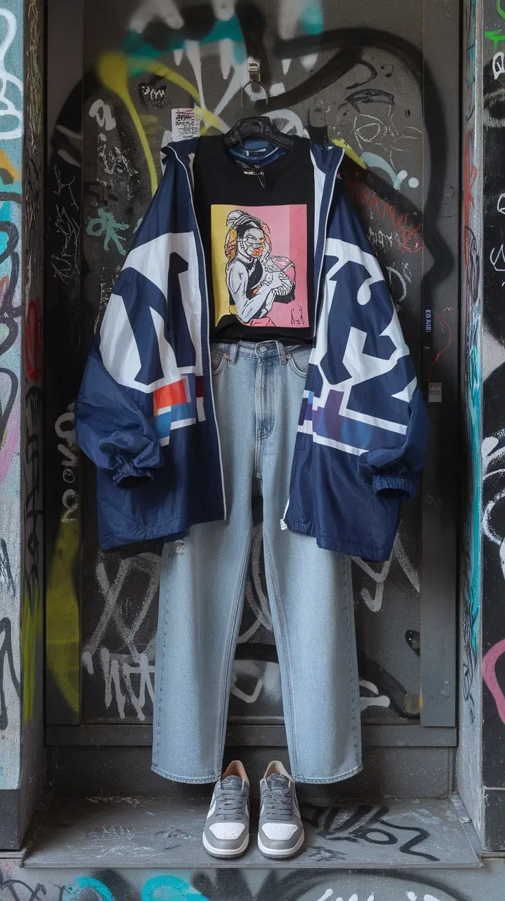 An edgy streetwear outfit featuring a navy oversized jacket, graphic tee, distressed jeans, and stylish sneakers, set against a graffiti background.