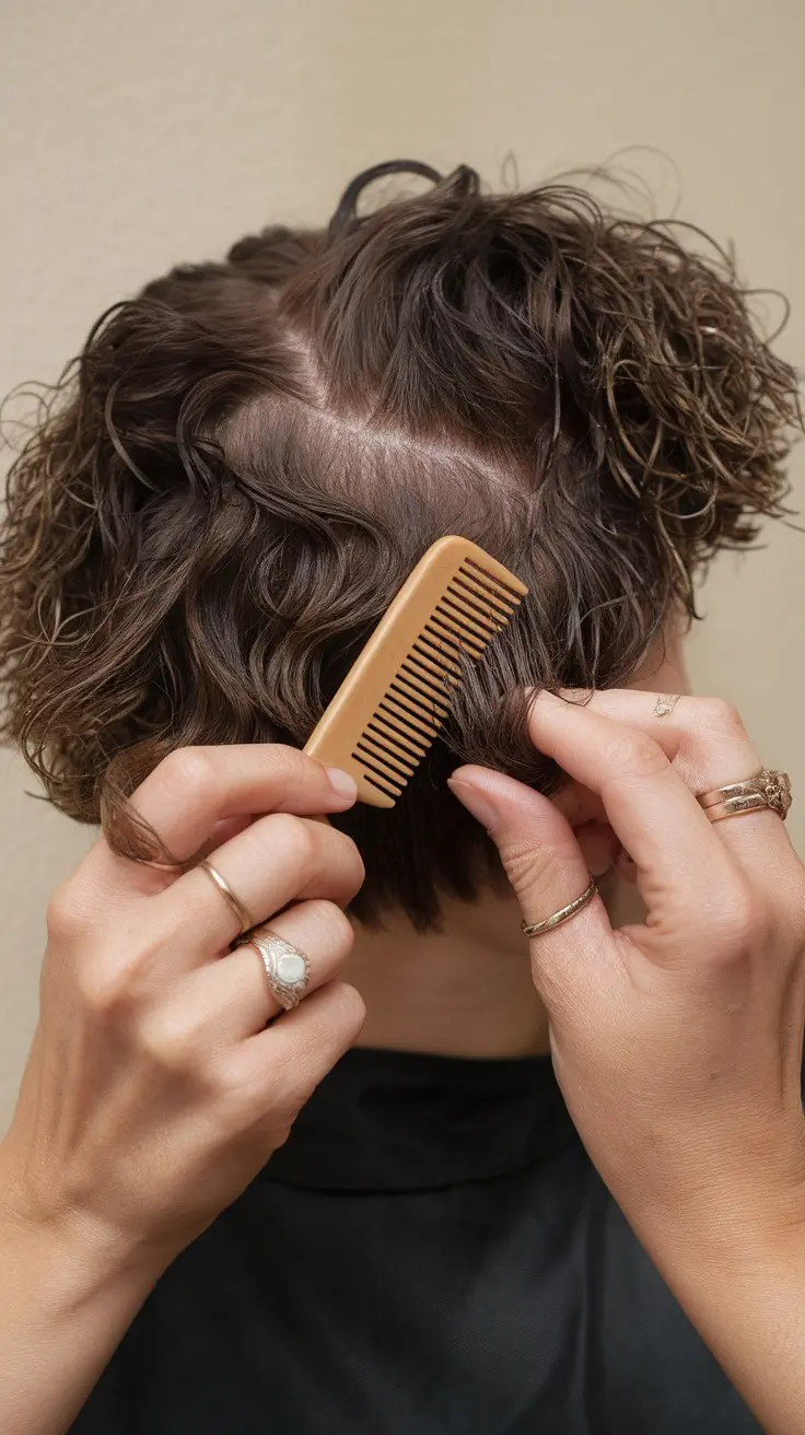A person detangling short curly hair with a comb, demonstrating a careful and methodical approach.