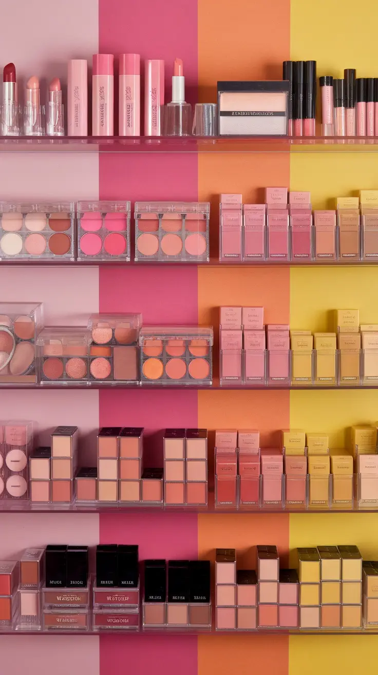 A colorful array of organized makeup products on shelves, showcasing various shades and styles.