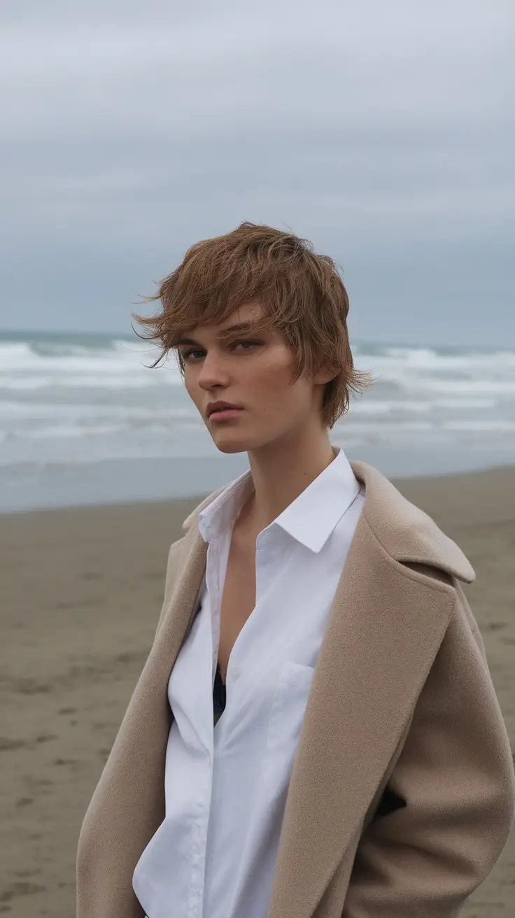 A model with short wavy hair on a beach, wearing a white shirt and beige coat.
