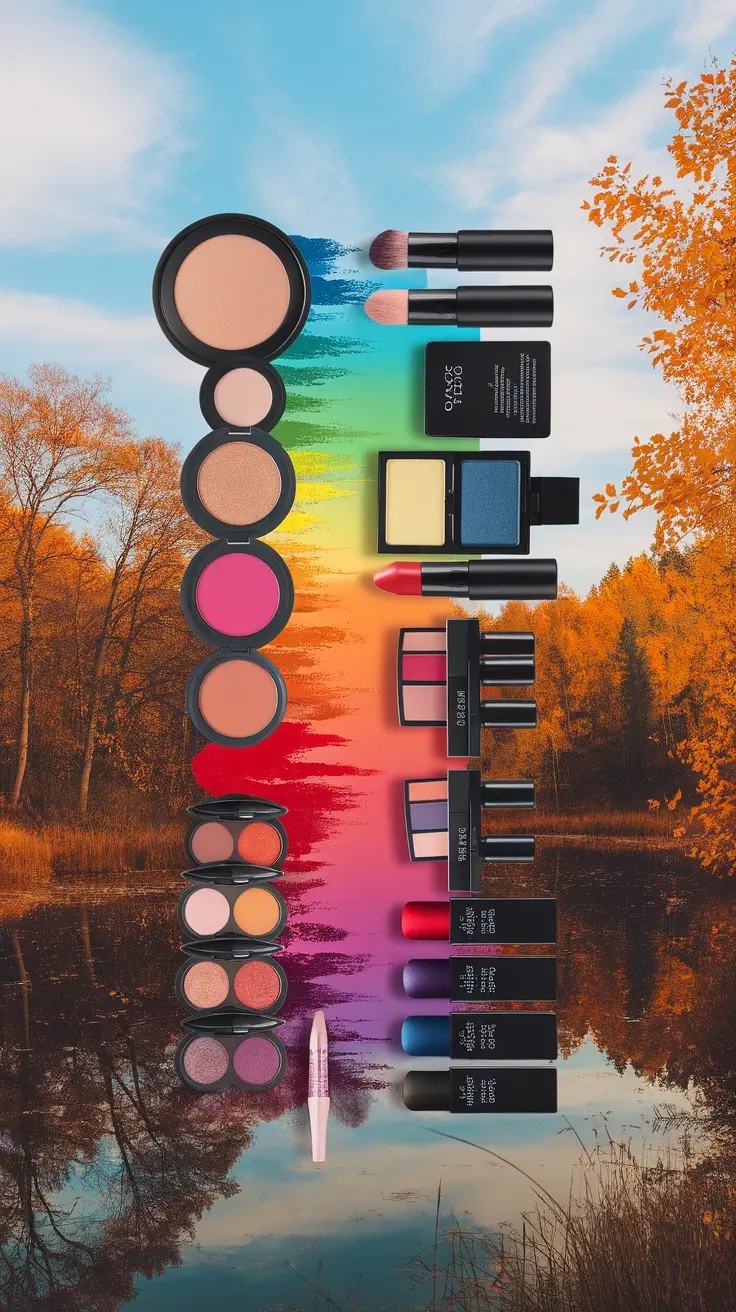 A colorful display of makeup products arranged in a gradient, showcasing seasonal colors against a scenic autumn background.