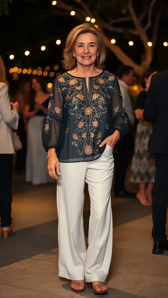 Woman wearing an embroidered top with flowy pants, smiling at an evening event.