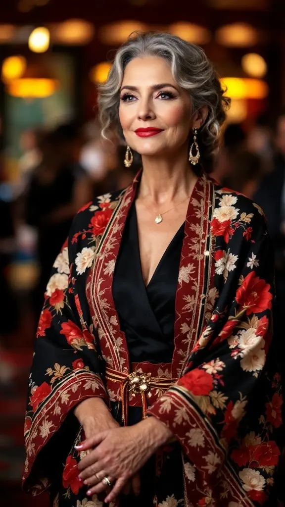 A woman wearing an elegant floral kimono jacket over a dress, smiling at an evening event.