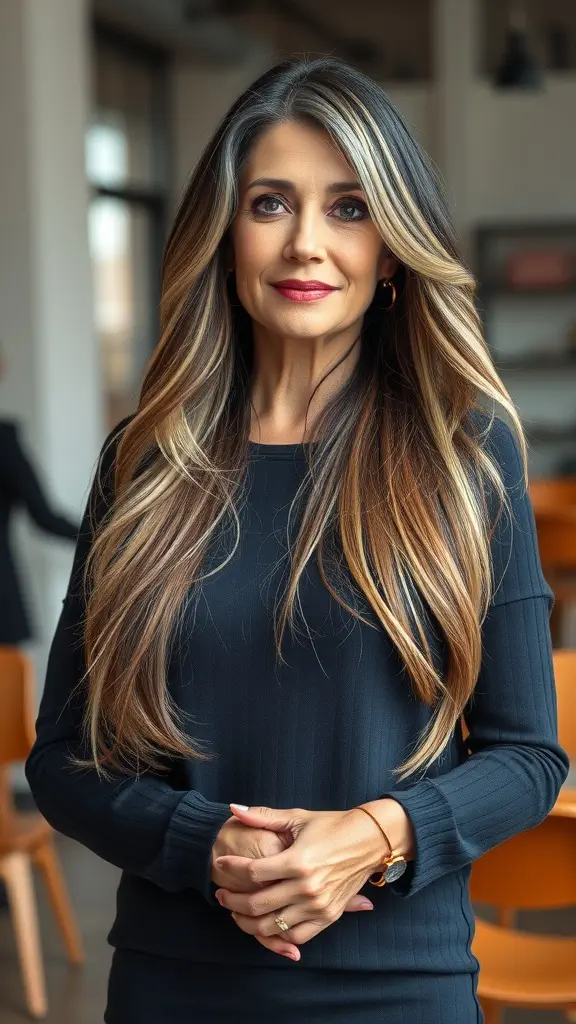 A woman with long layered hair featuring subtle highlights, showcasing an elegant hairstyle.