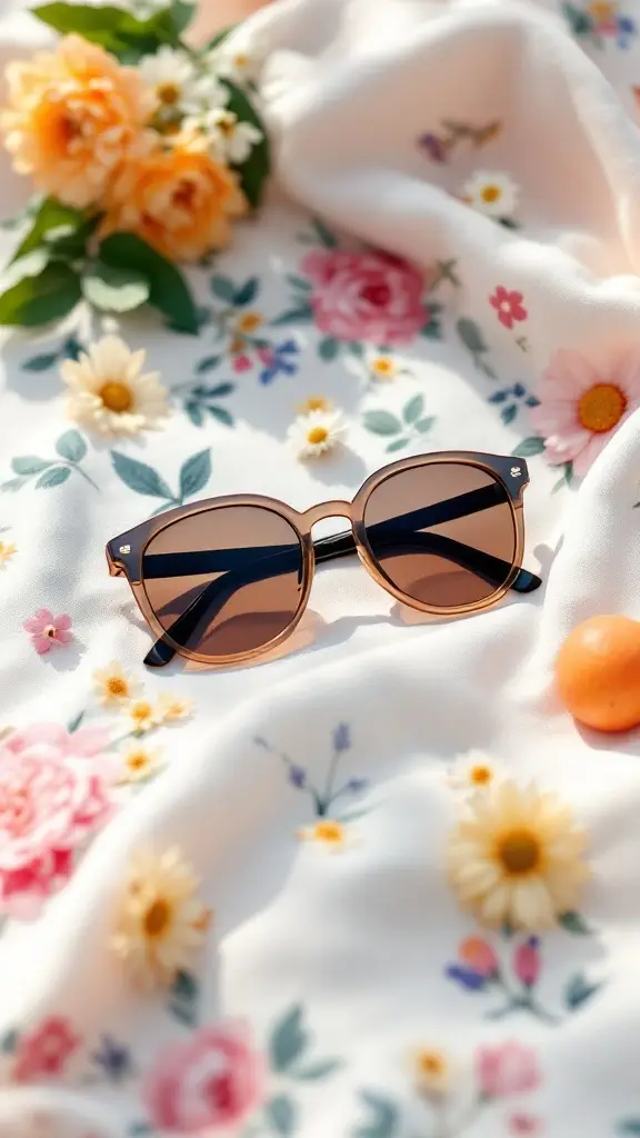 A pair of elegant sunglasses on a floral patterned fabric surrounded by flowers.