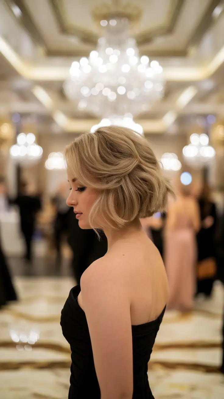 A woman with short wavy hair styled in an elegant updo, set against a glamorous background with chandeliers.