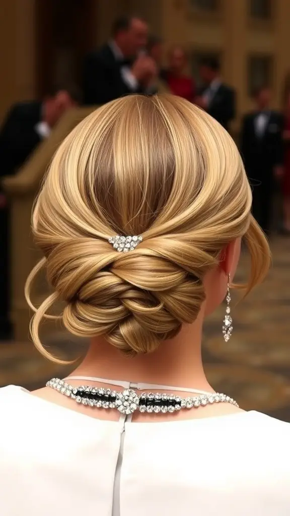 Elegant updo long bob hairstyle with intricate braiding and hair accessory