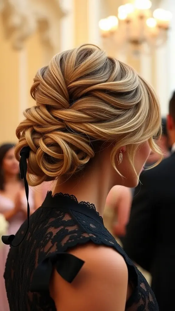Elegant updo hairstyle with soft tendrils for women over 60