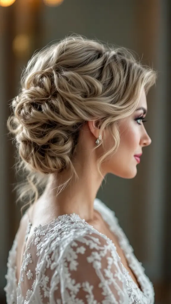 Elegant updo hairstyle featuring soft waves, ideal for women over 50.