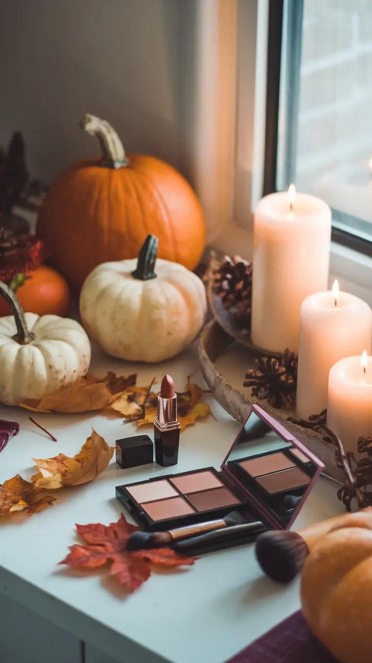 A cozy makeup setup with pumpkins, candles, and autumn leaves, perfect for seasonal organization.